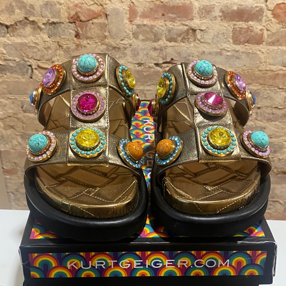 Kurt Geiger Gold Sandals with Colorful Gemstones